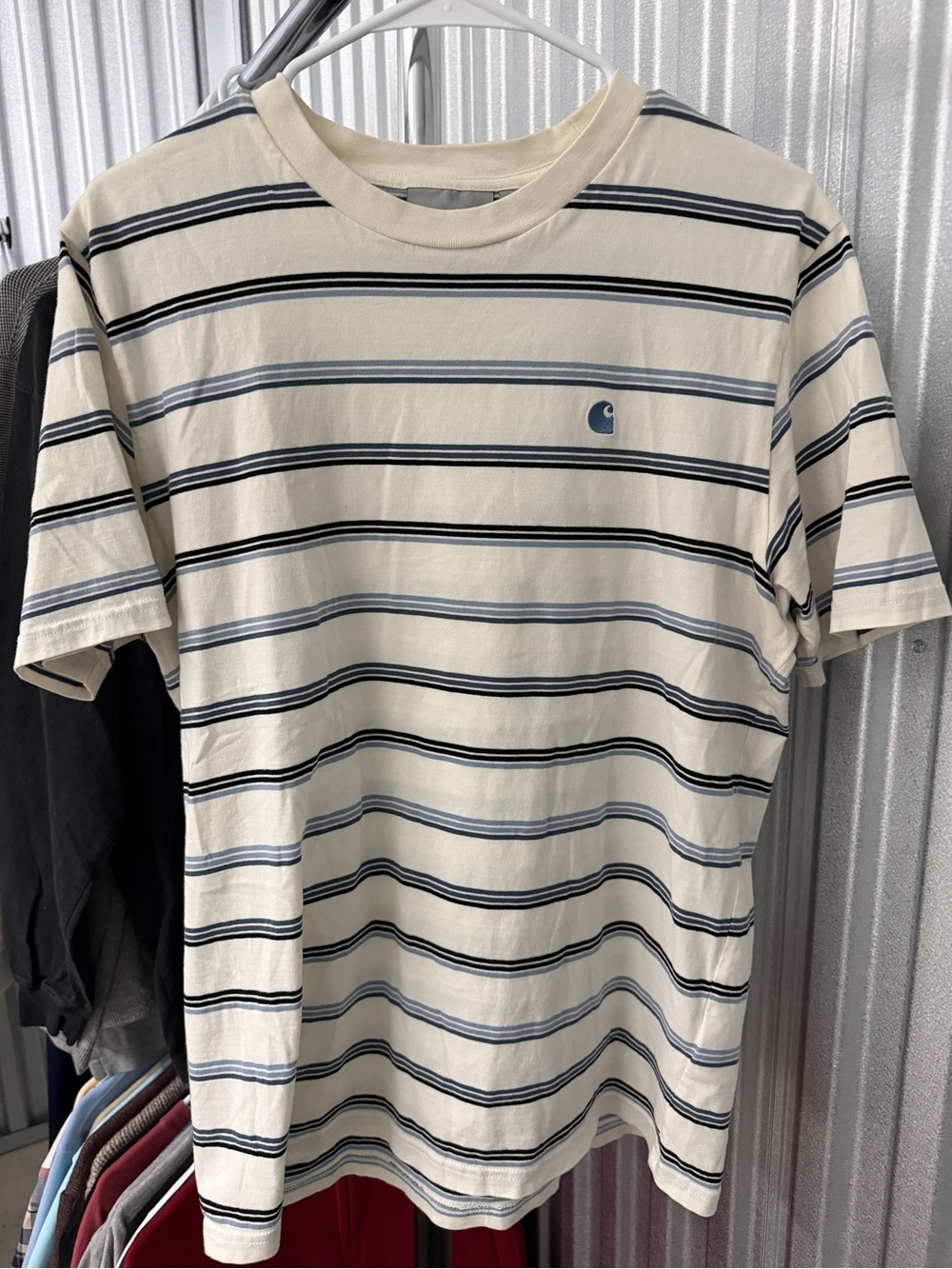 Carhartt Cream T-Shirt with Navy & Light Blue Stripes